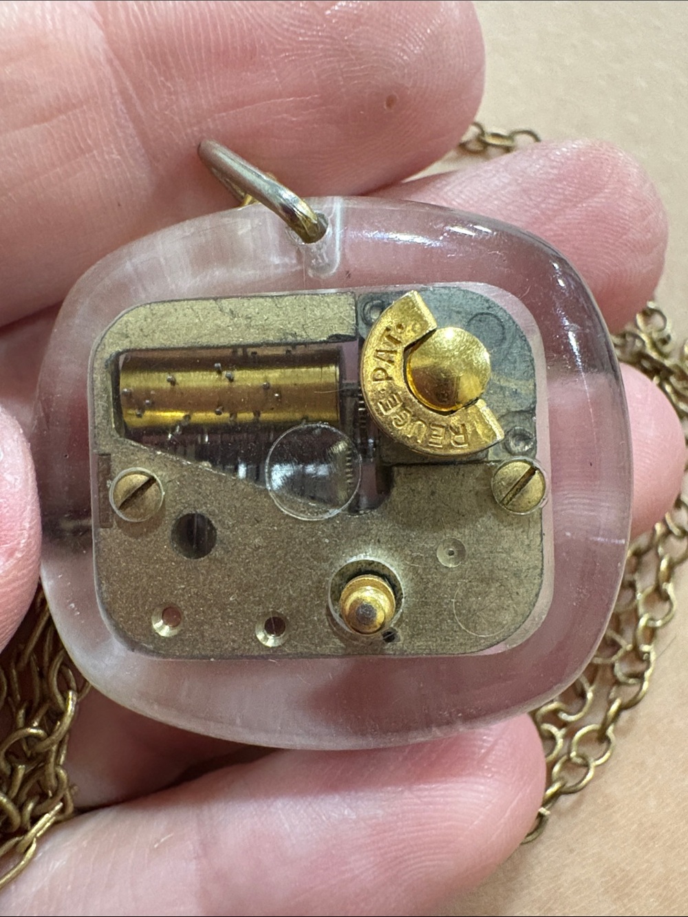 Reuge Music Box Necklace Mens OS Gold Good Vintage Visible Mechanism Swiss Made